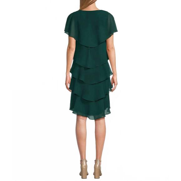 NEW SLNY georgette tiered capelet dress in pine - Picture 3 of 4